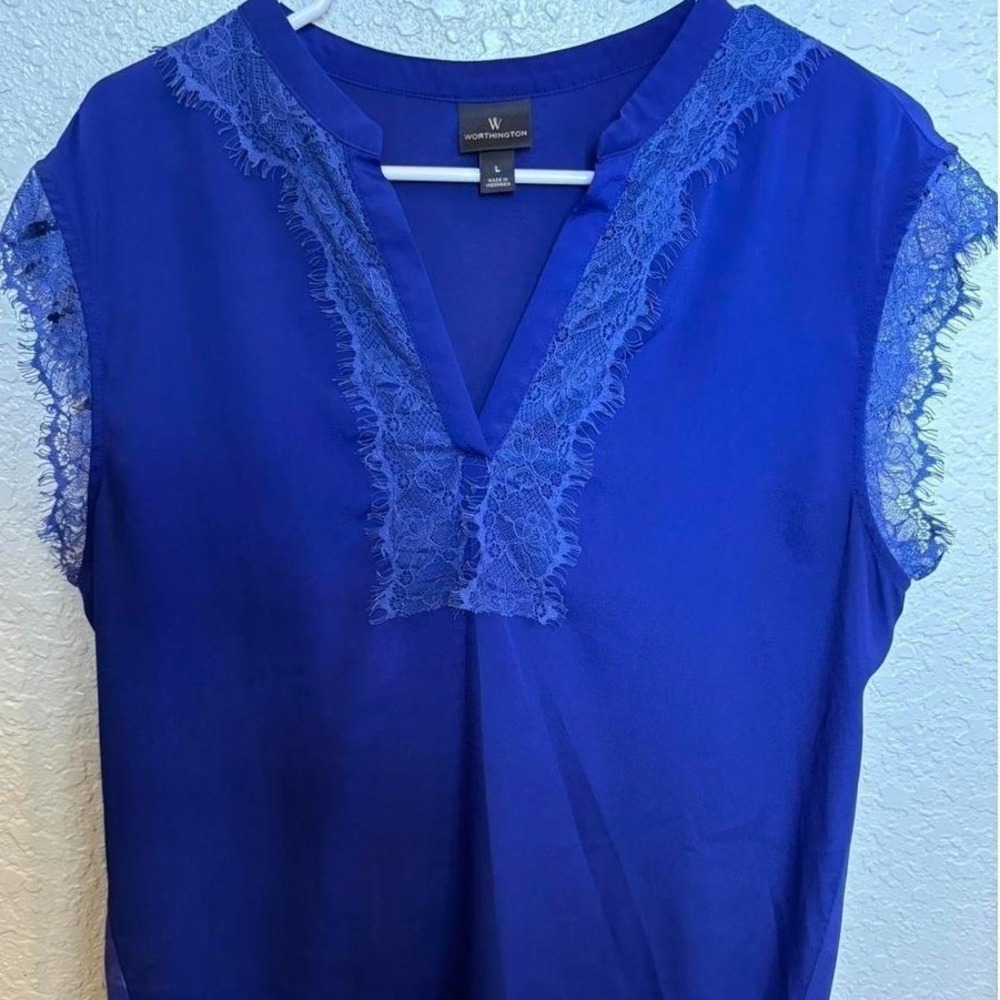 Worthington Blouse Women Large Royal Blue Lace Trim V-Neck Mixed Media Office - Picture 5 of 8